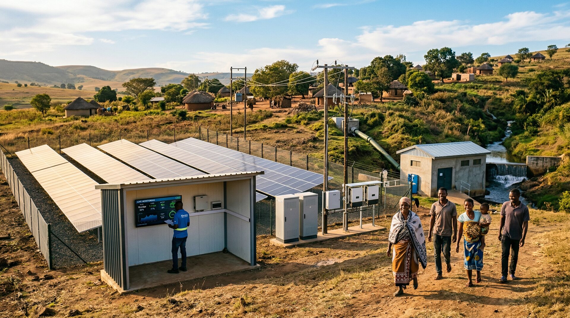 Mini-grid installation in an African community with solar panels and digital monitoring