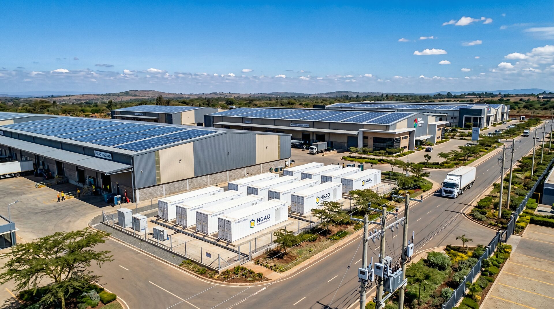 Industrial zone with solar panels on warehouse rooftops and battery storage containers