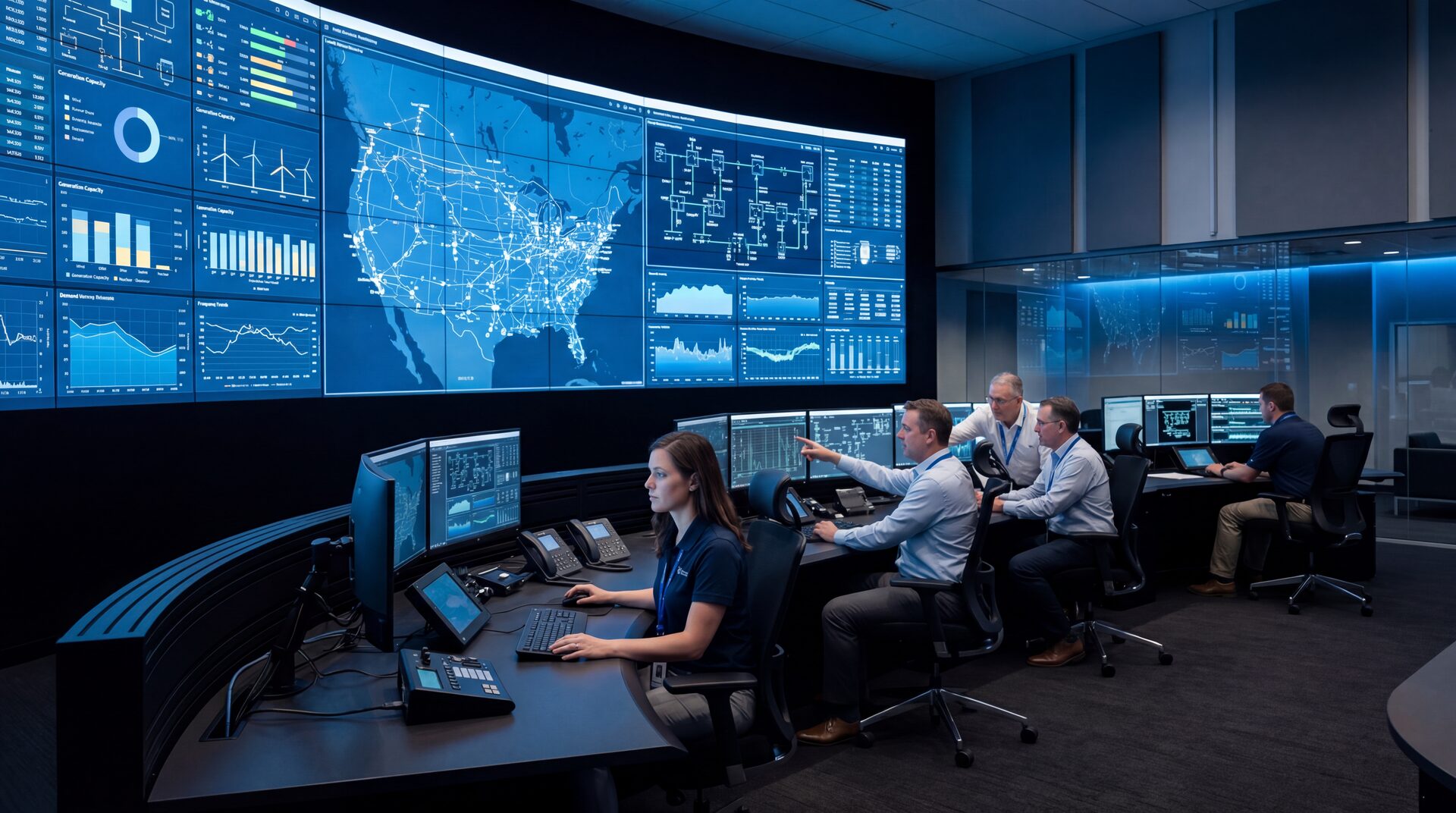 Modern energy operations control room with monitoring dashboards